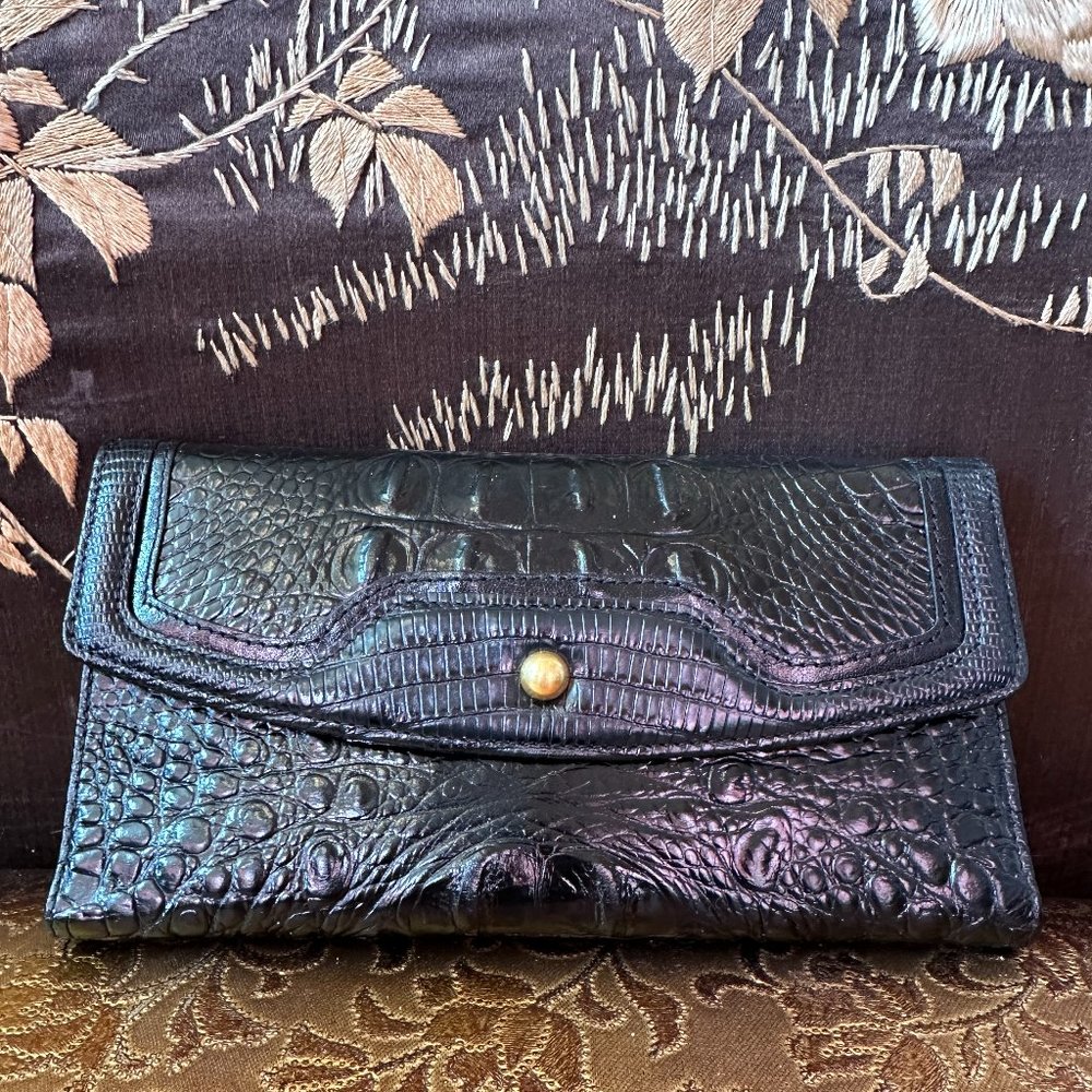 BRAHMIN SOFT CHECKBOOK/WALLET -BLACK LEATHER- TRIFOLD NWOT